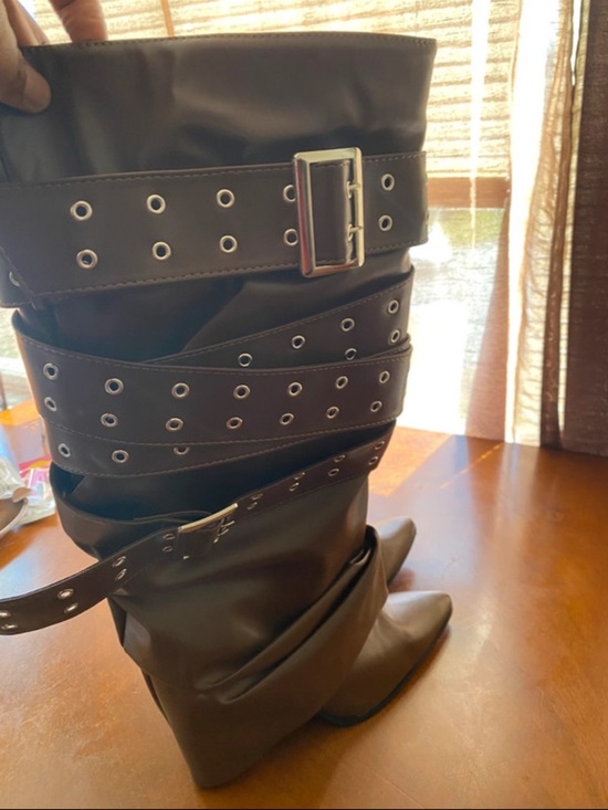 Tall BrownBuckled Leather-Look Boots with Eyelet Straps